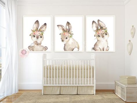 Woodland Baby Shower Theme Decorations, Woodland Baby Shower Theme Boy, Feather Nursery, Boho Bunny, Bohemian Watercolor, Nursery Baby Girl, Bunny Room, Woodland Baby Shower Decorations, Rabbit Wall Art