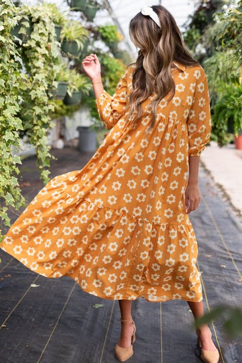 $12.29 Yellow Flower Print Bracelet Sleeve Shirt Maxi Dress Wholesale Yellow Flower Print, Bracelet Sleeve, Three Quarter Sleeve Dresses, Warm Yellow, Yellow Flower, Pocket Dress, Gold Dress, Basic Style, Polished Look