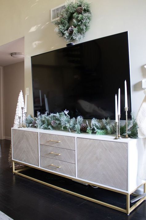 How to Decorate Your Living Room for Christmas (When You Don’t Have a Fireplace) | Life with Mar Minimalist Christmas Decor Tv Stand, Tv Media Christmas Decor, Modern Christmas Living Room Decor, Tv Console Holiday Decor, How To Decorate Tv Stand For Christmas, Christmas Decor Tv Stand Living Rooms, Decorate Tv Stand For Christmas, Luxury Christmas Decor Living Room, Above Tv Christmas Decor