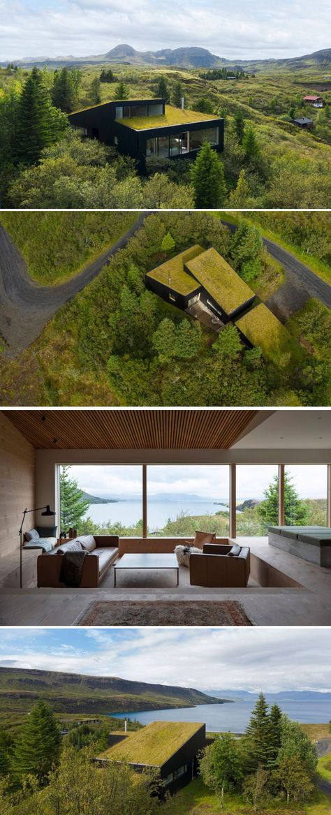 Thingvallavatn House by KRADS is built with a green roof, large glass windows to blend in the hillside and offer expansive views of the lake Thingvallavatn Houses That Blend In With Nature, House On A Slope Ideas, Modern Slope Roof House, Grass Roof House, Hill House Architecture, Sod Roof House, House In Hill, Roof Garden Ideas, House Built Into Hill