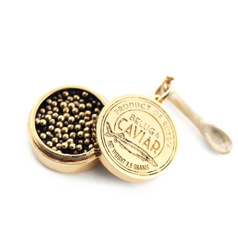 Lovers can wear this unique Gold Russian Caviar Charm as a reminder of the equally sumptuous cuisine and country. Russian Caviar, Russian Jewelry, Pop Jewelry, Solid Gold Charms, Cocktail Book, Gold Charms, Funky Jewelry, Gifts For My Wife, Bling Rings