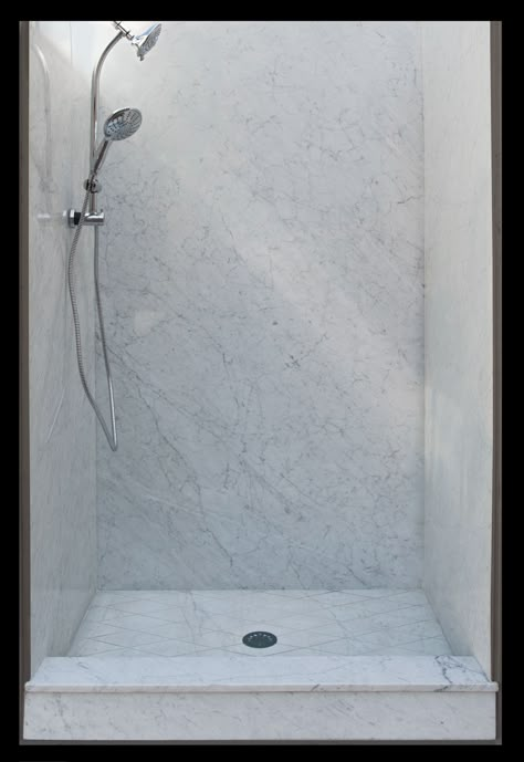 Tired of cleaning your grout lines? Try a grout less natural marble shower surround! Visit us at www.stoneplyresidential.com Shower No Grout, Small Marble Bathroom, Remodel Shower Stall, Cultured Marble Shower, Granite Shower, Marble Shower Walls, One Piece Shower, Marble Shower Tile, Elegant Bathroom Ideas