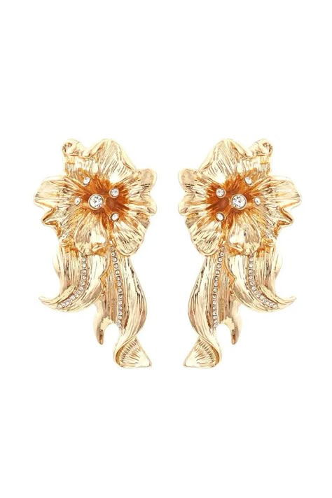 Add a retro twist to a classic with these Lyla Golden Flower Earrings with a chunky twist finish that's perfect for everyday wear. Floral style with small rhinestones.  One Size fits all  Length/Width:5.8cm/3.1cm  Colour may vary due to lighting on images