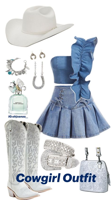 Cowgirl outfit | blues | boots | western fashion | rodeo outfit | denim skirt | denim outfit | white hat Denim Cowboy Outfit, Cowgirl Outfits With Skirt, Cowboy And Cowgirl Costume, Blue Cowgirl Outfit, Rodeo Outfits Winter, Skirt Denim Outfit, Denim Cowgirl Outfit, Outfit Denim Skirt, Cowgirl Core