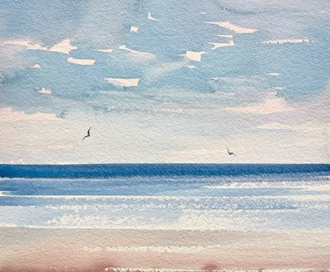 Beach Drawing Watercolor, Watercolor Painting Sea, Sea Drawing Watercolors, Beach Watercolour Painting, Watercolour Beach Painting, Watercolor Coastal Art, Sea Art Drawing, Sea Painting Watercolor, Beach Watercolor Paintings