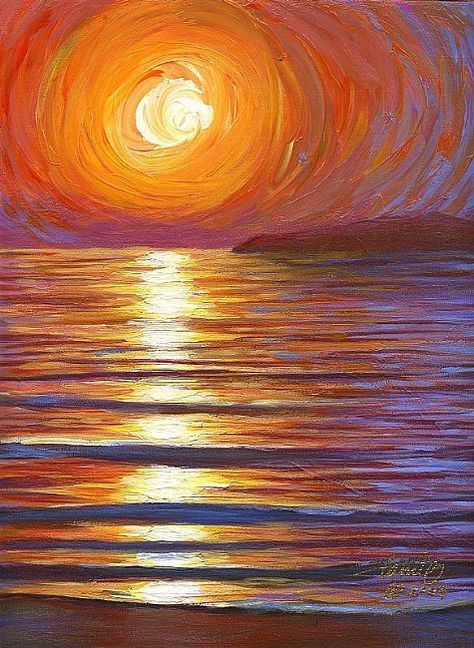 sun Sunset At Sea Painting, Sunset Water Painting, Sunrise Painting Acrylic, Sunsets Paintings, Paintings Of Sunsets, Sun Set Painting, Sea Sunset Painting, Sunrise Paintings, Acrylic Sunset Painting