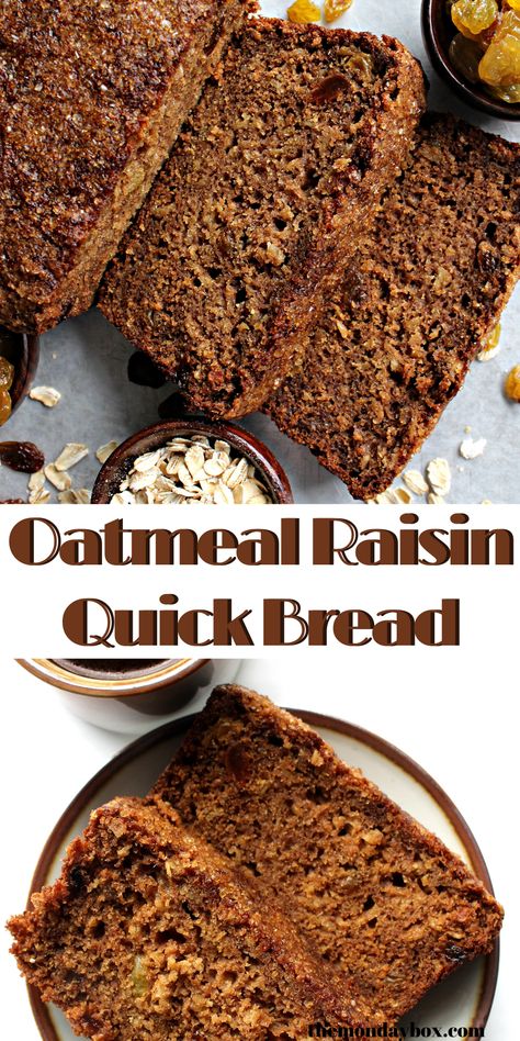 Sliced brown oatmeal raisin quick bread Oatmeal Loaf Bread, Raisin Quick Bread, Oatmeal Quick Bread, Oatmeal Loaf, Rasin Bread, Easy Loaf Cake, Oatmeal Raisin Cookie, Raisin Cake, Raisin Cookie