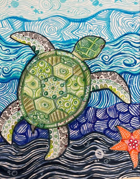 Drawing- turtle- art - Aboriginal- color pencil- Turtle Drawing Color, Aboriginal Drawings, Turtle Zentangle, Sea Turtle Drawing, Art Turtle, Bus Games, Turtle Drawing, Drawing Prompts, Art Camp