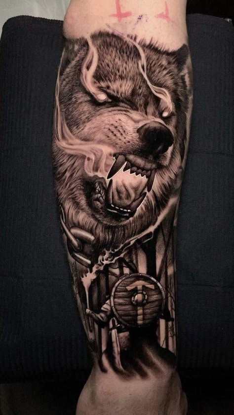 Fenrir Sleeve Tattoo, Feniri Wolf Tattoo, Fenrir Tattoo Mythology, Fenrir Tattoo Design, Viking Sleeve, Berserker Tattoo, Nordic Tattoos, Fenrir Tattoo, Fenrir Wolf