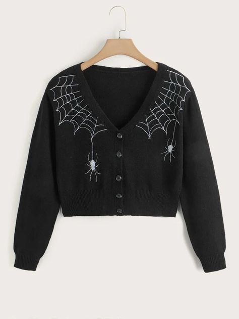 Plus Embroidery Spider Web Pattern Cardigan | SHEIN USA Goth Embroidery Clothes, Grunge Embroidery, Goth Cardigan, Embroidery Spider, Gothic Embroidery, Spider Web Pattern, Web Pattern, Witch Style, Armor Clothing