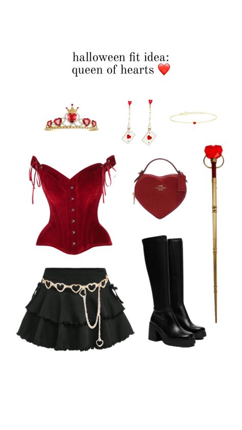 halloween fit ideas: queen of hearts from alice in wonderland ❤️ #halloween #halloweenaesthetic #fyp #outfit #fit #fitinspo #aesthetic Amor Costume, Halloween Rave Outfits, Queen Of Hearts Halloween Costume, Alice In Wonderland Halloween, Alice Halloween, Queen Of Hearts Halloween, Alice In Wonderland Outfit, Princess Inspired Outfits, Matching Halloween Costumes