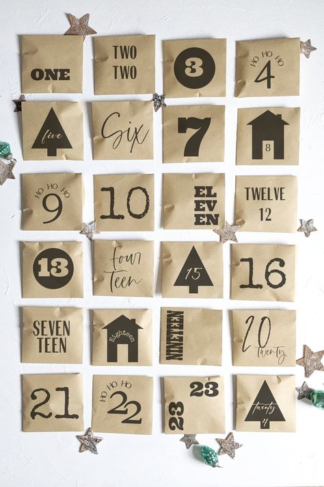 printable advent calendar idea using  kraft envelopes and decorative printable templates Christmas Bucket List Printable, Wood Advent Calendar, Diy Tea Bags, Advent Calendar Boxes, Envelope Templates, Electronic Save The Date, Printable Advent Calendar, Advent Activities, Advent For Kids