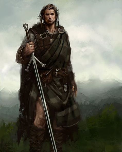 Fionn mac Cumhaill, also known as Finn McCool or Finn MacCool , was an Irish folk hero, who led the a band of hunter-warriors called the Fianna. Finn was the posthumous son of Cumhall, leader of the Fianna by Muirne. Cumhall abducted Muirne after her father refused him her hand, so Tadg appealed to the high king Conn, who outlawed Cumhall. The Battle of Cnucha was fought between Conn and Cumhall, and Cumhall was killed by Goll mac Morna, who took over leadership of the Fianna. Muirne was ... Highlands Warrior, Celtic Warriors, Rpg Map, Roleplay Characters, Rpg Characters, Fantasy Armor, Arte Fantasy, Fantasy Warrior, Fantasy Rpg