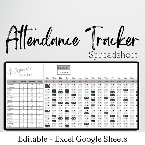 Attendance Tracker Excel Log School Class Template, Attendance Sheet, Attendance Tracker for Google Sheets, Attendance Record, Attendance Google Sheets Attendance Tracker, Class Template, Attendance Tracker, Planner Sizes, Attendance Sheet, Cheer Practice, Preschool Homeschool, Classic Happy Planner, School Class