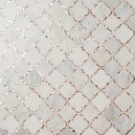 Buy Cassie Chapman Eva White 4 inch Polished Marble & Mother of Pearl Tile | TileBar.com Fancy Backsplash Kitchen, Fireplace Marble Tile Surround, White And Gold Tile, Gold Tile Backsplash, Tile Accent Wall Bathroom, Peacock Kitchen, Mexico Kitchen, Light Granite Countertops, Modern Farmhouse Bathrooms