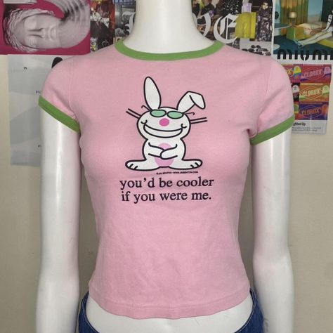 y2k happy bunny baby tee! super cute pink and green... - Depop Happy Bunny Shirt, 2000s Baby Tee, Baby Tee Outfit, Real Y2k, Alien Clothes, American Teenager, Nostalgia 2000s, Trashy Outfits, Flower Hoodie