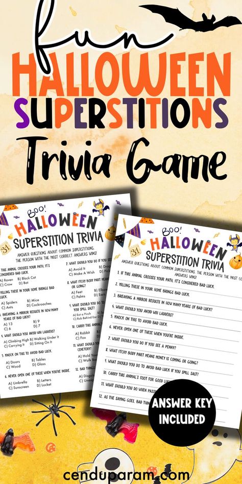 fun Halloween trivia game for kids and adults. halloween superstitions trivia game Halloween Superstitions, Halloween Fun Facts, Halloween Printable Games, Halloween Games For Adults, Halloween Trivia, Witches Halloween Party, Classroom Halloween, Fun Halloween Party Games, Halloween Party Activities