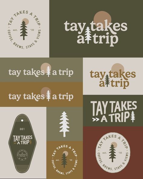 logo variations & brand illustrations for @taytakesatrip 🌲✨ having a logo suite with multiple layouts, colorways and styles is essential for a well-rounded brand identity! this allows you to use your logos for many different applications throughout your brand & website—think packaging, marketing materials, website, social media, merch, digital assets, event signage, advertisements, video content. There are SO many places to use your logos and icons, creating a cohesive yet versatile brand ... Outdoors Logo Design, Ranch Entrance Ideas, Green Classroom, Adventurous Lifestyle, Logo Suite, Drinks To Try, Brand Website Design, Camp Logo, Logo Variations