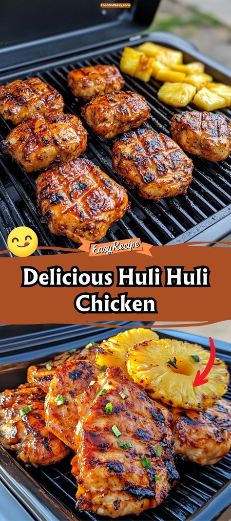 Transport your taste buds to Hawaii with Huli Huli Chicken, a deliciously grilled chicken coated in a sweet and tangy pineapple and soy sauce marinade. This dish is perfect for a tropical holiday feast or a summery barbecue. #HuliHuliChicken #TropicalFlavors #GrilledChicken Hawaiian Bbq Chicken Marinade, Hawaii Food Ideas, Hawaiian Dishes Recipes, Grilled Chicken Dinner Recipes, Pineapple Chicken Sandwich, Chicken And Pineapple Recipes, Hawaiian Chicken Marinade, Shoyu Chicken Recipe Hawaii, Dinner Ideas Grill