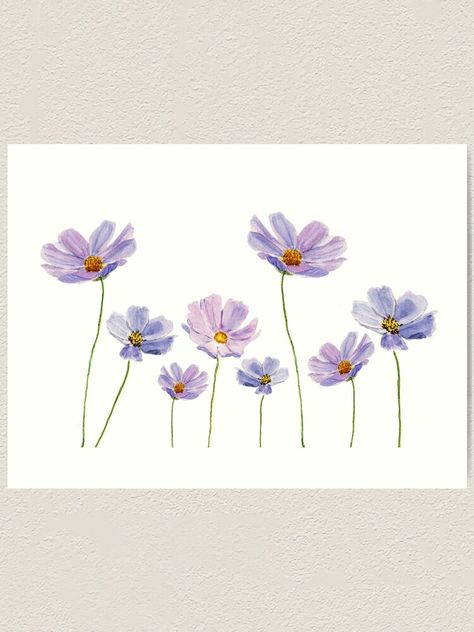 "purple cosmos flowers watercolor" Art Print by ColorandColor | Redbubble Flower Painting Purple, Simple Flower Painting, Set Of 3 Paintings, Purple Cosmos, 3 Paintings, Painting Purple, Easy Flower Painting, Cosmos Flowers, Flowers Watercolor