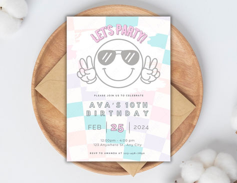 Smiley Face/Checkered Girl Birthday Invitation, Let's Party Birthday 5x7, Text/Email Template Preppy Birthday, Email Template, Birthday Invitations Girl, Field Day, Happy Girl, Girl Birthday Party, 2nd Birthday Party, Email Templates, 9th Birthday