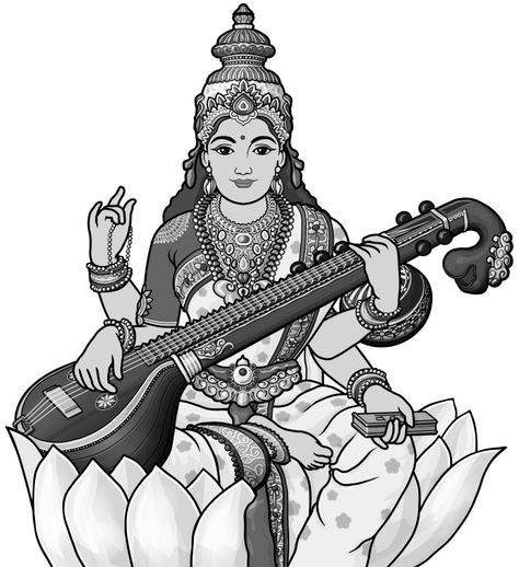 Saraswati veena Saraswati Goddess Sketch, Saraswati Goddess Paintings Sketch, Saraswati Sketch, Saraswati Mata Drawing, Valerie Lin, Lord Saraswati, Saraswati Picture, Saraswati Painting, Goddess Of Music