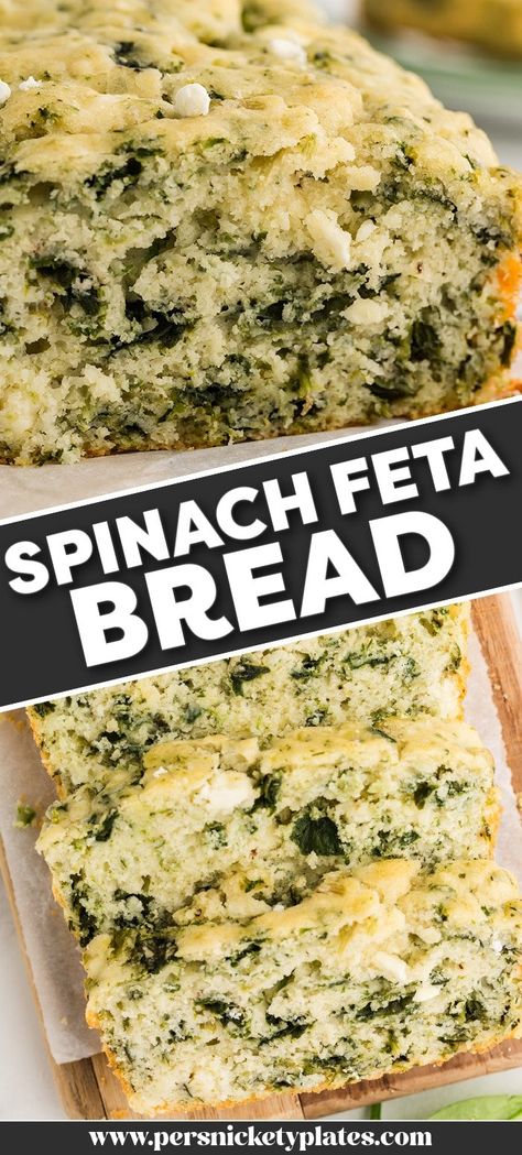 Spinach Feta Bread is a simple, savory quick bread that only takes 10 minutes of prep time. Filled with Greek flavors, this bread is as impressive as it is easy! Feta Sourdough Bread, Spinach And Feta Bread, Spinach Feta Bread, Savory Quick Bread, Feta Bread, Persnickety Plates, Spinach Bread, Savory Bread Recipe, Frugal Cooking