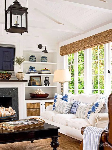 Traditional Living - like the bookcase styling with the lights over them; sofa inspiration! Built In Around Fireplace, French Country Decorating Living Room, Furnitur Ruang Keluarga, Coastal Decorating Living Room, French Country Living Room, Casa Country, Flat Screen Tv, Black Living Room, Coastal Living Rooms