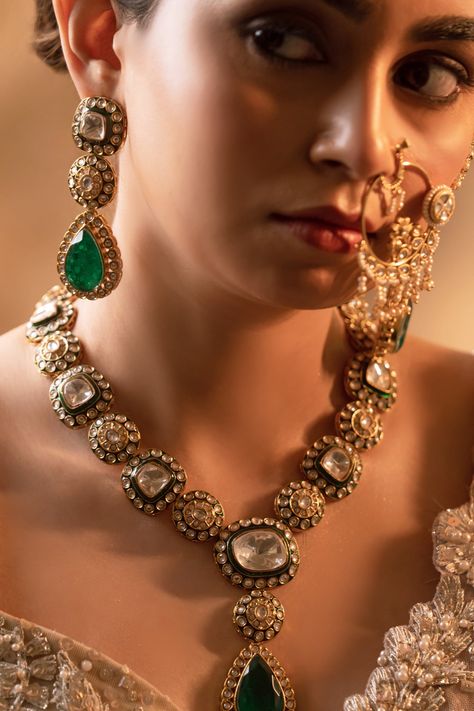 Buy Green Kundan Rajshree Polki Embellished Necklace Set by Anana Online at Aza Fashions. Jewellery Photoshoot, Polki Sets, Kundan Jewellery Bridal, Diana Penty, Jewellery Bridal, Polki Necklace, Antique Bridal Jewelry, Jewelry Photoshoot, Polki Jewellery