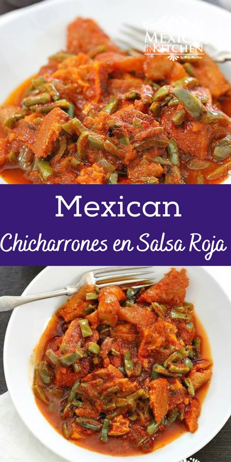 Chicharon En Salsa Recipe, Chicharrones Recipe Mexican, Recipes With Chicharrones, Chicharrones Recipe Salsa Verde, Chicharones Recipe Mexican, Mexican Chicharrones, Nopales Recipes Mexican, Chicharones Recipe, Guajillo Salsa