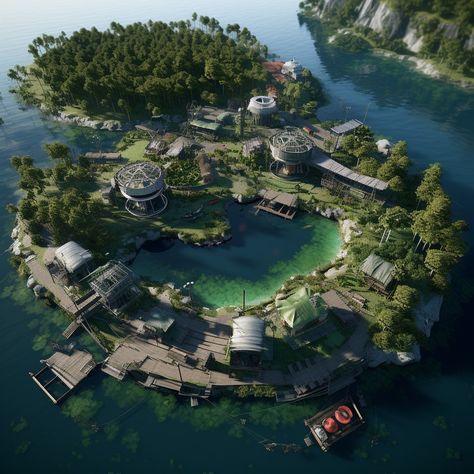 Ultra realistic Top down view, center frame single rainforest island surrounded by water, populated with trees, small fishing huts, tents, green fauna and small mountains, with a high tech industrial power plant in the middle spilling bright green waste into the water, the water surrounding the island is green and murky populated with canoes, some fishing nets and a dock, intricate details, photorealistic ultra high resolution Futuristic Power Plant, Top Down View, Army Base, Fishing Nets, Canoes, Small Island, Marketing Ideas, Power Plant, Top Down