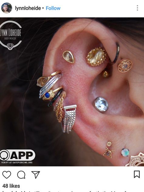 Mixed Gold And Silver Ear Piercings, Ear Piercings Mixed Metal, Silver Ear Piercings, Flat Piercings, Flat Piercing, Helix Piercing, Rutilated Quartz, Mixed Metals, Helix