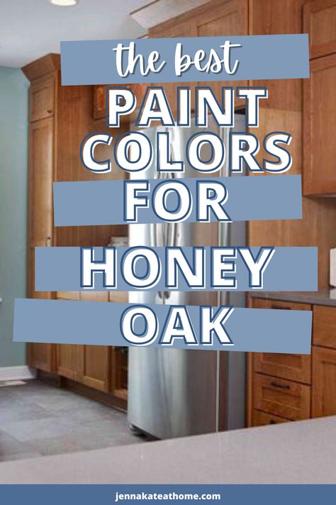 Whether you want to downplay or play up your honey oak cabinets or golden oak trim, these are the paint colors you need to know about! Honey Oak Kitchen Cabinets Wall Color Paint Benjamin Moore, Kitchen Paint Colors With Light Wood Cabinets, Kitchen Colors Oak Cabinets, Wall Paint For Oak Cabinets, Paint To Match Oak Cabinets, Best Wall Color For Oak Cabinets, Kitchen Colors For Walls With Light Wood, Kitchen Color With Oak Cabinets, Neutral Kitchen Colors With Oak Cabinets