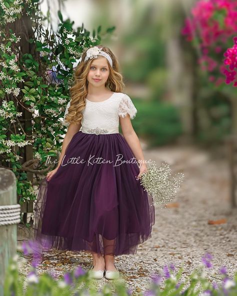 Eggplant Purple Tulle Flower Girl Dress, Fall Flower Girl Dress, Rustic Lace Flower Girl Dress, Boho Flower Girl Dress, Flower Girl Dress - Etsy Fall Flower Girl, Fall Flower Girl Dresses, Flower Girl Dress Boho, Boho Flower Girl Dress, Girls Fall Dresses, Lace Flower Girl Dress, Purple Tulle, Boho Flower Girl, Tulle Flower Girl Dress