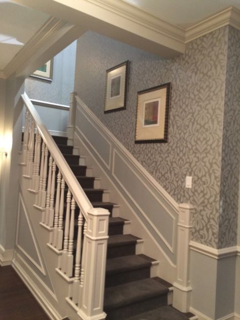 Stairway Wallpaper, Hallway Remodel, Staircase Wallpaper, Wallpaper Staircase, Foyer Wallpaper, Wallpapered Entryway, Wallpaper Stairs, Narrow Staircase, Entryway Makeover