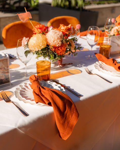 COLOUR ORANGE ~ Featuring our Ruffle dinnerware, Balzac and Riedel glassware, and Duke chairs. @hyattregencybrisbane #SocialEventHire #TheArtOfSocialGathering #FurnitureHire #EventHire #Events Orange Dinner Party, Orange Theme Table Setting, Orange Dinner Party Decor, Orange Table Setting, Orange Party Decor, Orange Tablescape, Orange Theme, Orange Table Decor, Orange Themed Dinner Party