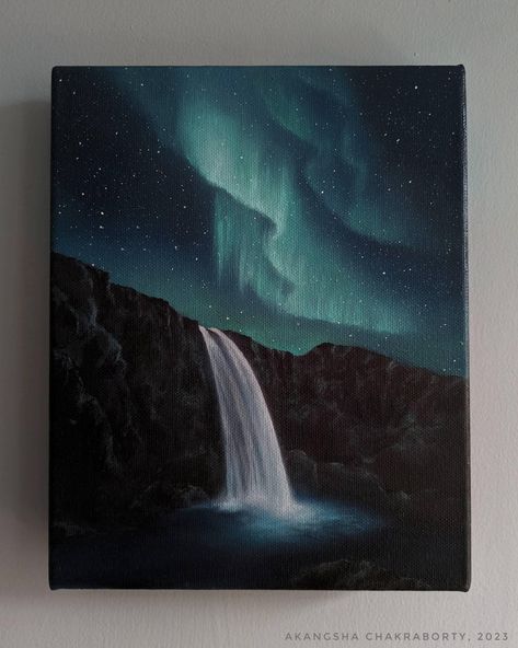 ◼️ Welcome to my shop! Below you will find a lot of useful information about my products. If you have any questions - be sure to contact me! ▶ ABOUT THIS PAINTING ✔ Size: 20x25 cm ✔ Handmade oil painting on stretched canvas, Unframed. ✔ Style: Landscape painting. ✔ Material: Professional oil paints and 100% stretched cotton canvas. ✔ This painting comes with a certificate of authenticity and is signed both in the front as well as back. ✔ Delivery time: International shipments will take around 12 Night Waterfall Painting, Night Nature Painting, Pastel Painting Ideas Easy, Painting Ideas On Canvas Blue, Painting Ideas On Mini Canvas, Water Canvas Painting, Canvas Painting Sky, Night Landscape Painting, Black Canvas Painting