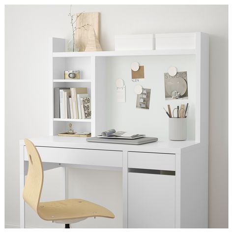 IKEA - MICKE, Add-on unit-high, white, , You can keep your desk clear of paper by writing your notes on the magnetic writing board on the back panel or fastening your to-do lists there with a magnet.Extra room above the top shelf where you can keep your books, CDs or DVDs. The side panels act as bookends and keep everything in place.You can adjust the shelves to fit different things, and adjust them again whenever you need to. Adjustable shelves help you use your space more efficiently. Ikea Micke Desk, Ikea Micke, Micke Desk, Bureau Decor, Ikea Desk, Ikea Bedroom, White Desk, Bedroom Desk, Study Room Decor