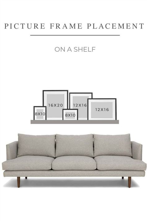 Picture shelves give an extra bit of spice over your sofaPro tipLayer your frames to get extra depthDesigner Tips with FID. Picture Rail Above Sofa, Photo Shelf Over Couch, The Wall Behind The Sofa, Picture Shelf Over Sofa, Picture Frames Above Bench, Behind Couch Gallery Wall Ideas, Long Photo Ledge Above Couch, Photo Shelf Behind Couch, Picture Shelf Behind Sofa