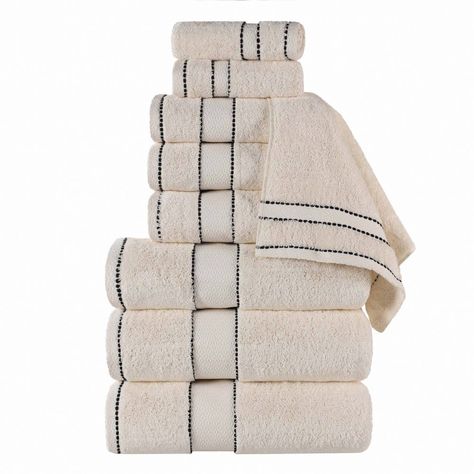 Revamp your bathroom style with the hotel-quality comforts of the Cotton Diamond Dobby Border Ultra-Plush 9 Piece Towel Set by Blue Nile Mills. Our Egypt Produced Giza Cotton towels feature impressive absorbency, a smooth texture, and silky feel for a luxury spa-like experience at home. The product material is 50% Giza, 50% Cotton. The heavyweight thickness of each towel is durable and perfect for the bath, poolside, or at the beach. For a refined finish, each piece in this bundle features an el Transitional Bathroom Decor, Spa Luxe, Pampering Routine, Daily Beauty Routine, Platinum Grey, Spa Inspiration, Luxury Spa, Bathroom Style, Bath Towel Sets