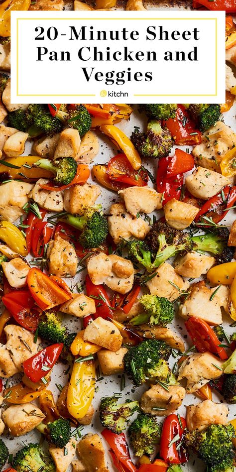 Recipe: 20-Minute Sheet Pan Chicken and Veggies | Kitchn Sheet Pan Chicken And Veggies, Pan Chicken And Veggies, Baked Chicken And Veggies, Chicken And Veggies, Sheet Pan Suppers, Sheet Pan Chicken, Sheet Pan Dinners Recipes, Easy Baked Chicken, Roast Chicken Recipes