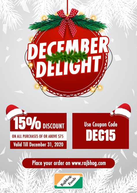 It’s a special #Christmas #offer! Add items worth $75 or more in your cart at www.rajbhog.com and use the code DEC15 to avail a 15% discount. *Offer valid till December 31, 2020. Shop now! #RajbhogFoods Christmas Offers Poster, Christmas Offer Poster Design, Christmas Offer Poster, Offers Poster, Offer Poster Design, Offer Poster, Christmas Offer, Digital Advertising Design, Christmas Offers