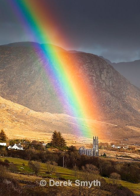 The ruins of Dunlewy Church is located at the foot of Mount Errigal in the area of Gweedore, County Donegal. The church was built in 1853 by Jane Smith Russell who had the church built as a memorial to her husband, James Russell, Landlord of the Dunlewey Estate. This photograph was taken on a at the end of a sunny afternoon as showers started to blow in of the Atlantic Ocean towards the Poison Glen Valley. Irish Eyes Are Smiling, County Donegal, Donegal Ireland, Under The Rainbow, Rainbow Connection, God's Promise, Rainbow Sky, Irish Heritage, Luck Of The Irish