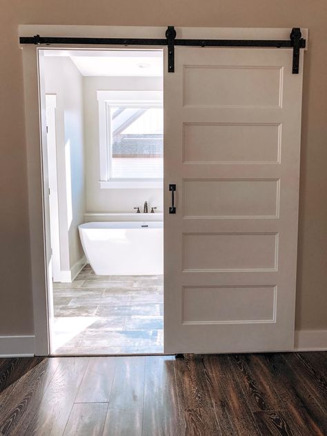 Farm Door For Bathroom, Barnyard Door Bathroom, Bathroom Farm Door, Barn Door For Bathroom Master Bath, Bathroom Slider Door, Barn Door Bathroom Ideas, Modern Farmhouse Barn Door, Barn Door Master Bath, Master Bath Barn Door