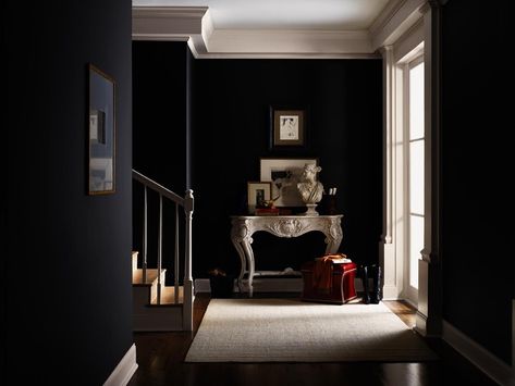 Tricorn Black Entrance - Interiors By Color Hallway Ideas White, Hallway Ideas Paint, Hallway Ideas Long, Mirror Hallway Ideas, Hallway Ideas Decor, Narrow Floating Shelves, Floating Shelves Hallway, Home Hallway Ideas, Black Foyer