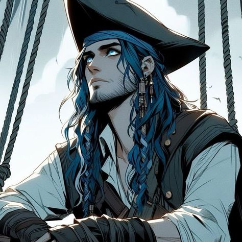 Dnd Pirate Art, Kraken Drawing, Anime Pirate, Pirate Books, Dark Blue Hair, Oc Character, Pirate Outfit, Pirate Art, Character References