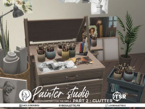 Sims 4 Art Studio, Clutter Sims 4 Cc, Painter Studio, Living Room Sims 4, Painters Studio, Mod Furniture, Sims Wallpaper, Drawing Table, Sims 4 Downloads