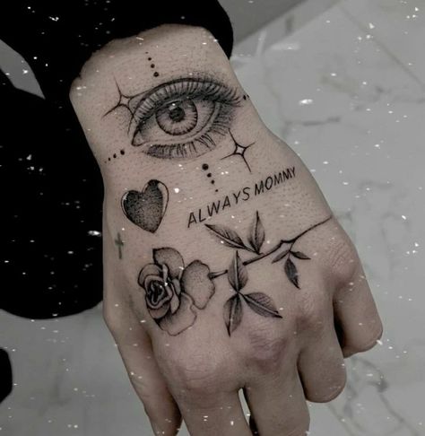 hand tattoo Eyes Tattoo On Hand, Hand Eye Tattoo, Ojo Tattoo, Rose Hand Tattoo, Rose Tattoos For Men, Hand And Finger Tattoos, Wrist Tattoos For Guys, Tatuaje A Color, Tattoo Desings