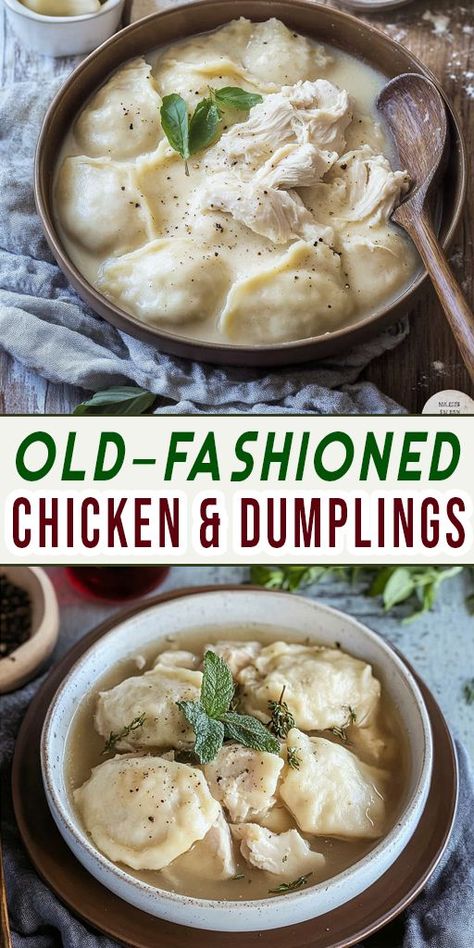 This Old-Fashioned Chicken and Dumplings recipe is the ultimate comfort food! A rich, creamy broth, tender chicken, and light dumplings come together to create a delicious meal your whole family will love. 🍽️❤️ #ChickenDumplings #ComfortFoodRecipe #FamilyDinner #ClassicChickenDumplings #HeartySoup #HomemadeMeals #CozyDinners #EasyRecipe #OldFashionedCooking Chicken And Gnocchi Dumplings, Recipe Chicken And Dumplings, Homey Meal Ideas, Chicken And Dumpling Recipe Easy, Dumpling Recipe For Chicken And Dumpling, Chicken & Dumplings, Drop Dumplings Recipe Homemade Easy, Buttermilk Dumplings Recipe, Chicken N Dumplings Recipe