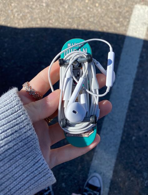 headphones, wired headphones, mini skateboard headphones Fingerboard Design, Wired Headphones Aesthetic, Skateboard Holder, Headphone Outfit, Girls Hbo, Headphones Wired, Mini Skateboard, Skateboard Clothes, Skateboard Accessories